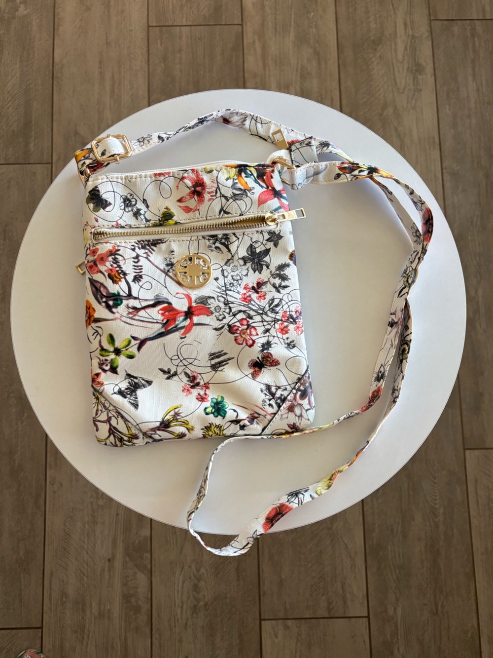 Floral White Crossbody Bag with Gold Accent